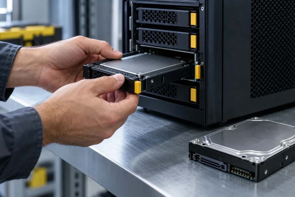 Инженер ставит быстрый SSD в сервер, чтобы ускорить работу 1С